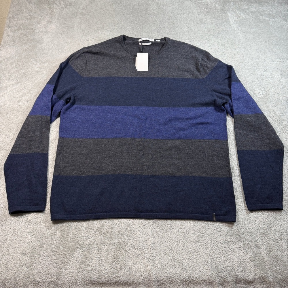 Calvin Klein Merino Wool Sweater Mens XL Blue Striped Extra Fine Crewneck Preppy